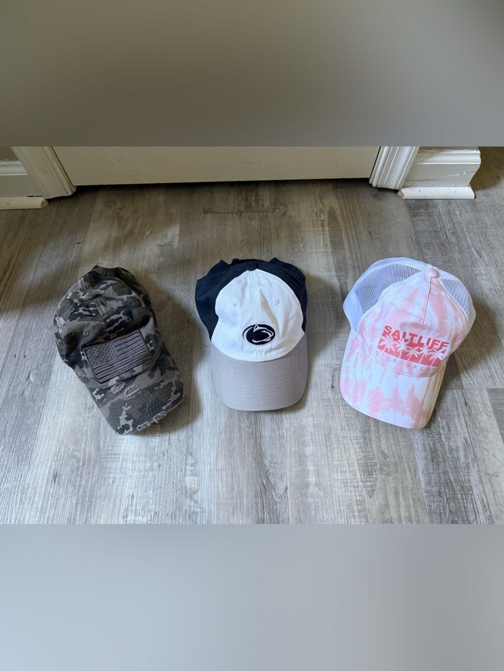 Three Casual Caps - Camouflage, Navy/White Logo, Pink Tie-Dye Trucker